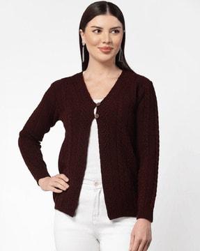 women textured v-neck cardigan with half-button closure