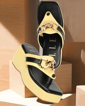 women thong-strap wedges with chain accent