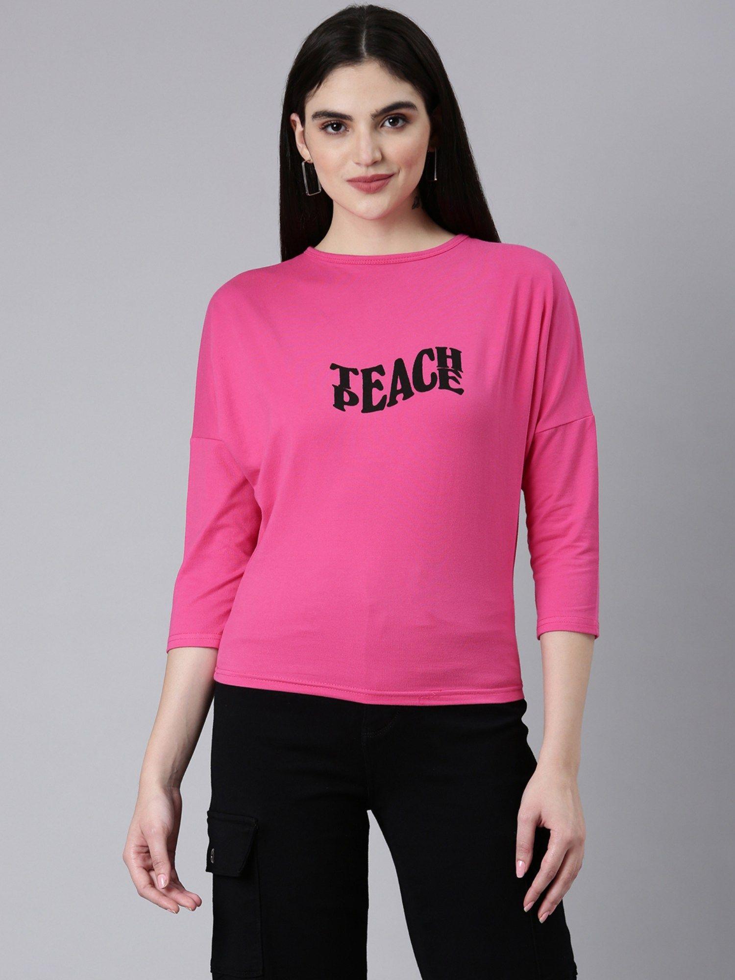 women three fourth sleeves round neck typography slim fit pink regular t-shirt