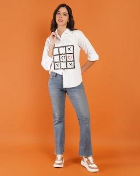 women tic tac toe embellished relaxed fit shirt