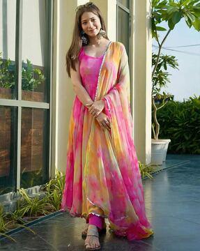 women tie & dye anarkali kurta suit set