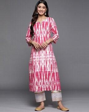 women tie & dye print straight kurta with round neck