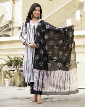 women tie & dye straight kurta set with dupatta