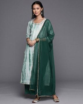 women tie & dye straight kurta with palazzos & dupatta