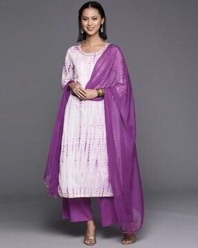 women tie & dye straight kurta with pants & dupatta