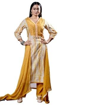 women tie & dye straight kurta with pants & dupatta