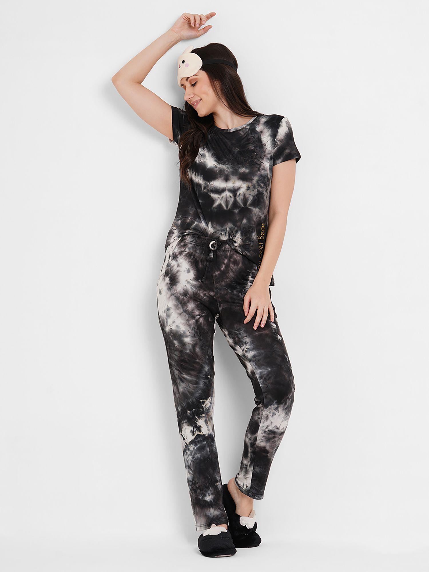 women tie-dye black regular pyjama and t-shirt (set of 2)