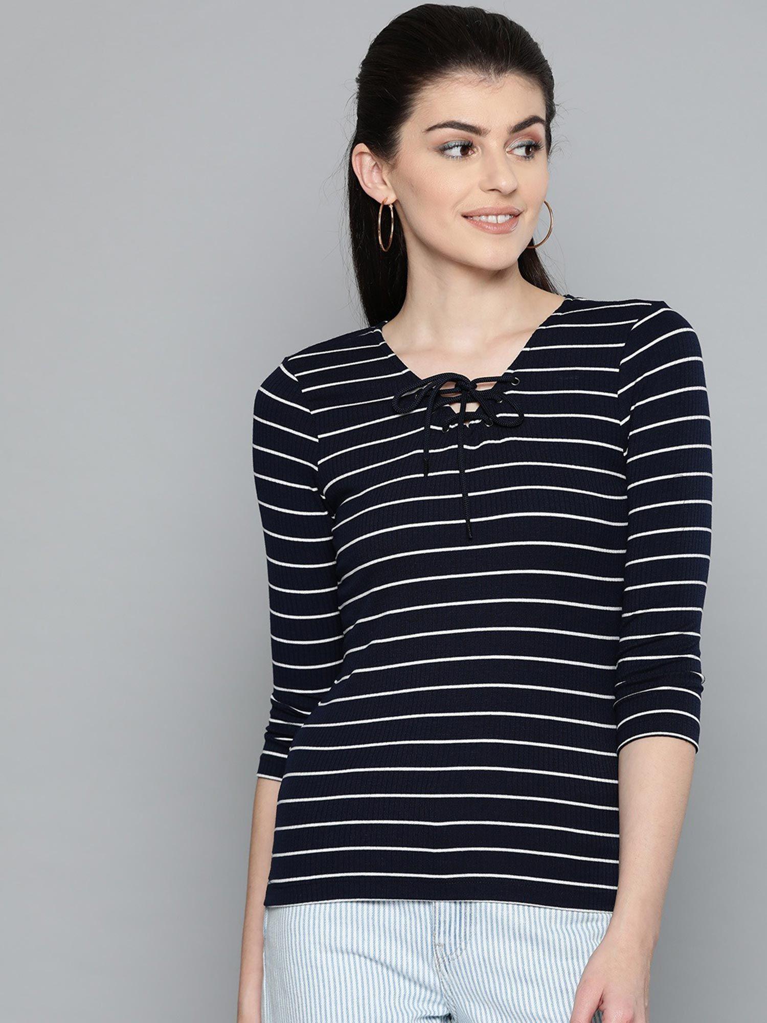 women tie-up neck three-quarter sleeves striped top