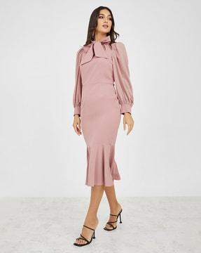 women tie-up neckline bodycon midi dress