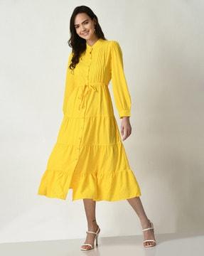 women tiered dress with pleated detail