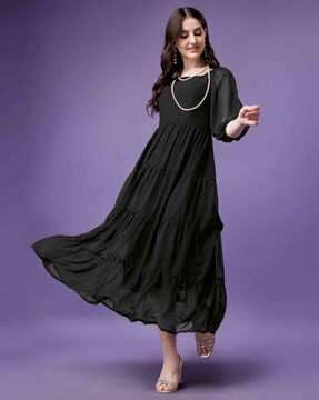 women tiered dress with puff sleeves