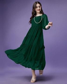 women tiered dress with puff sleeves