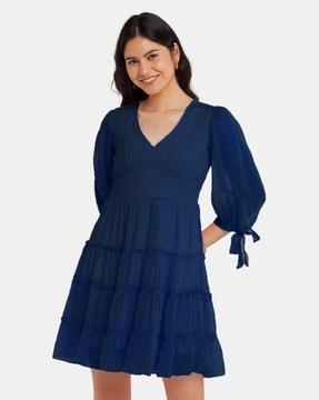 women tiered dress with sleeve tie-up