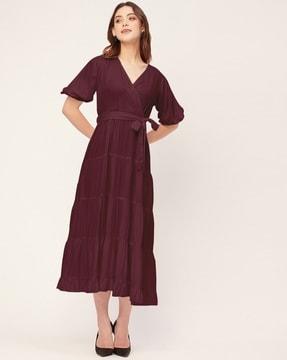 women tiered dress with tie-up belt