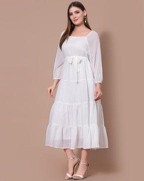 women tiered dress with waist tie-up