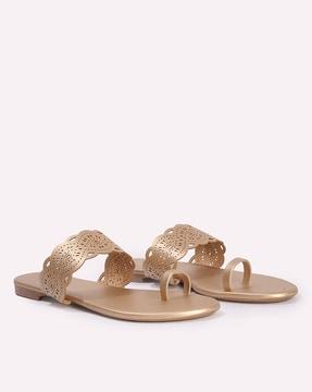 women toe-ring laser-cut flat sandals