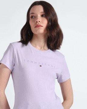 women tonal linear slim fit crew-neck t-shirt