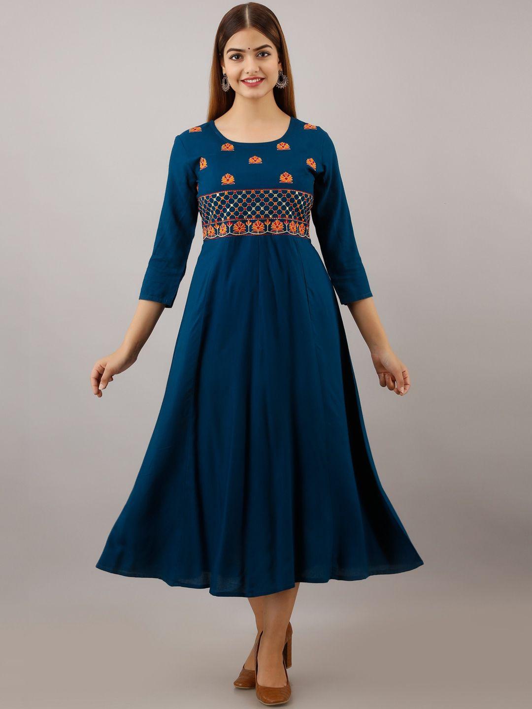 women touch blue ethnic motifs embroidered ethnic midi fit & flare dress