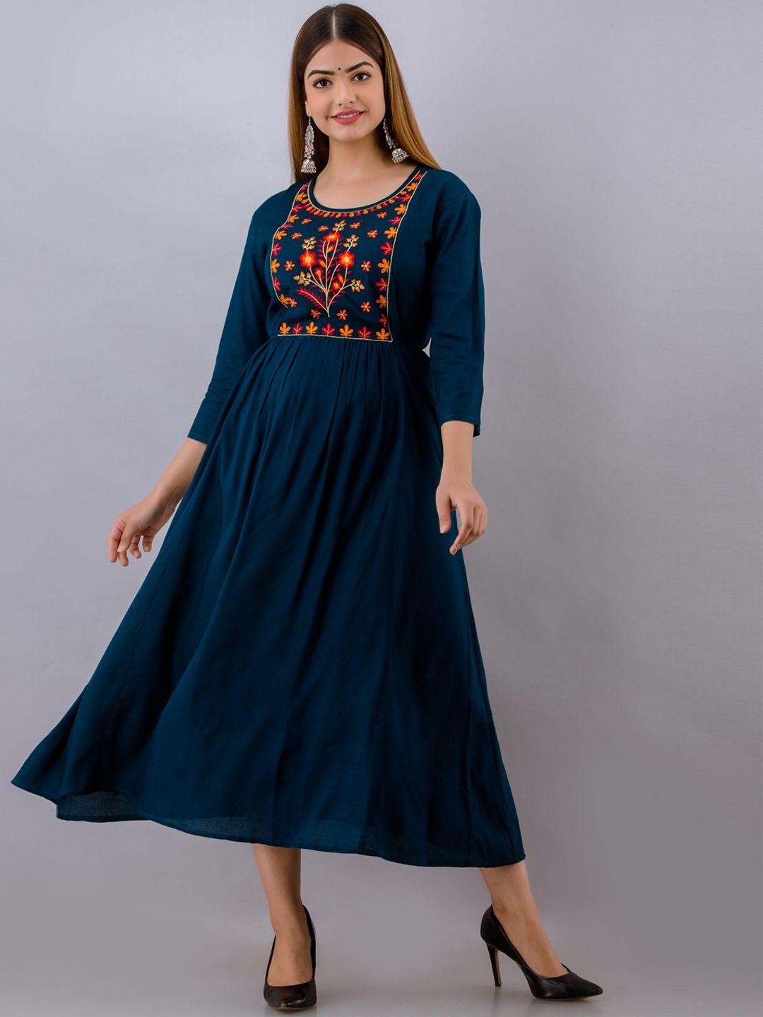women touch blue ethnic motifs embroidered ethnic midi fit & flare dress
