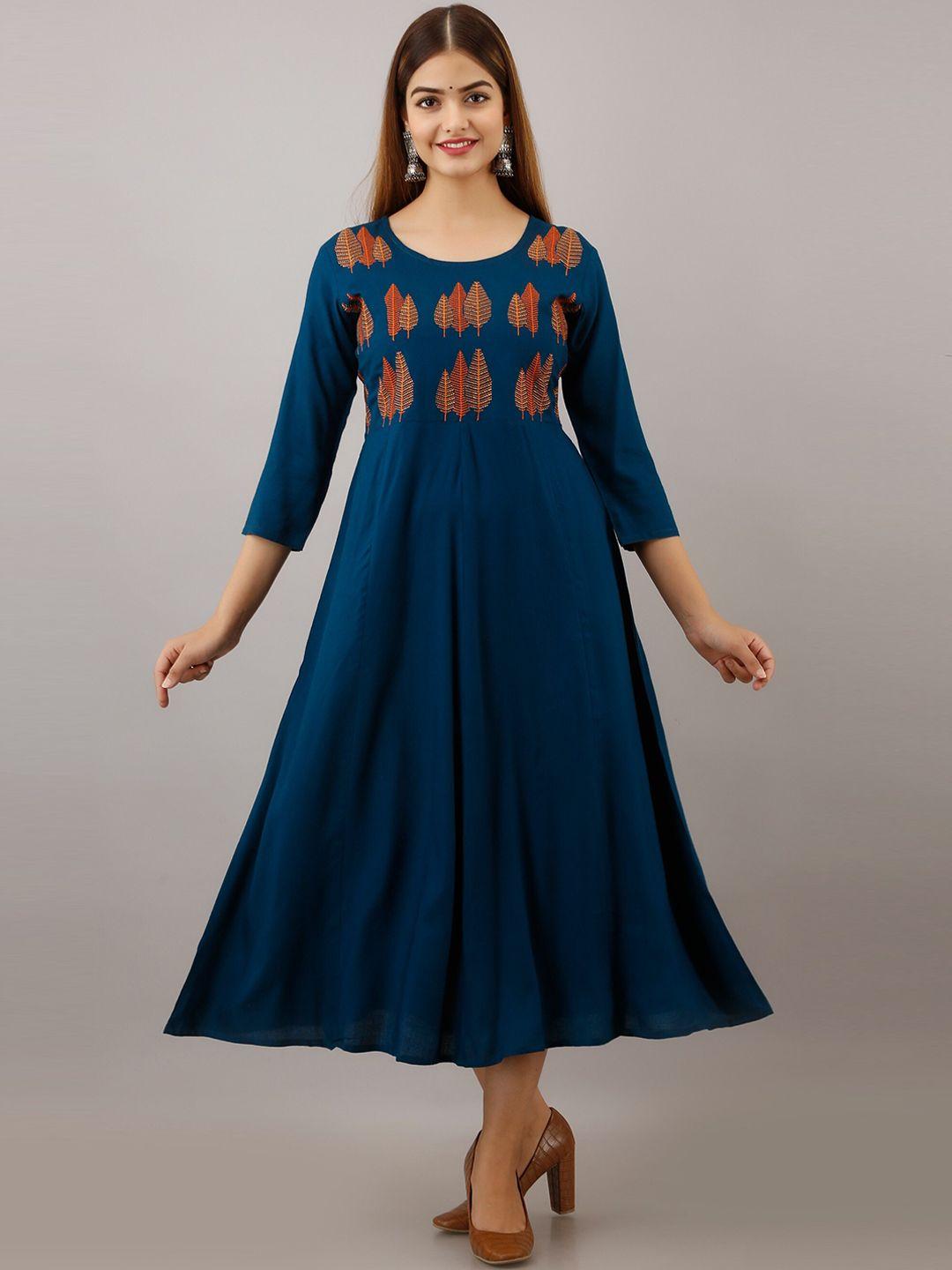 women touch blue ethnic solid embroided midi dress