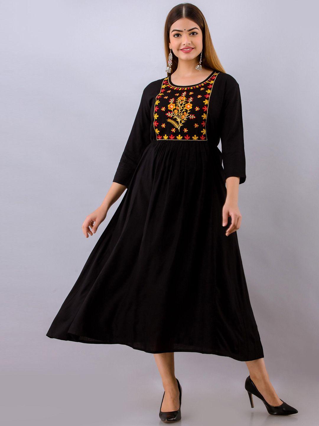 women touch floral embroidered ethnic dress