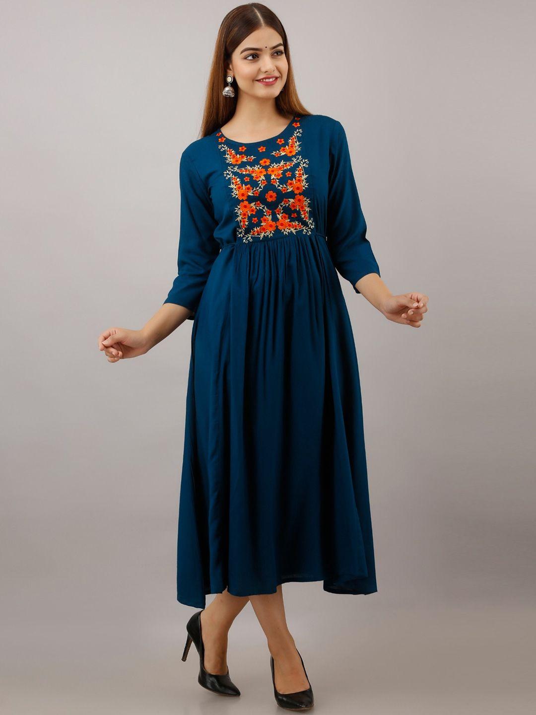 women touch floral embroidered midi fit and flare ethnic dress