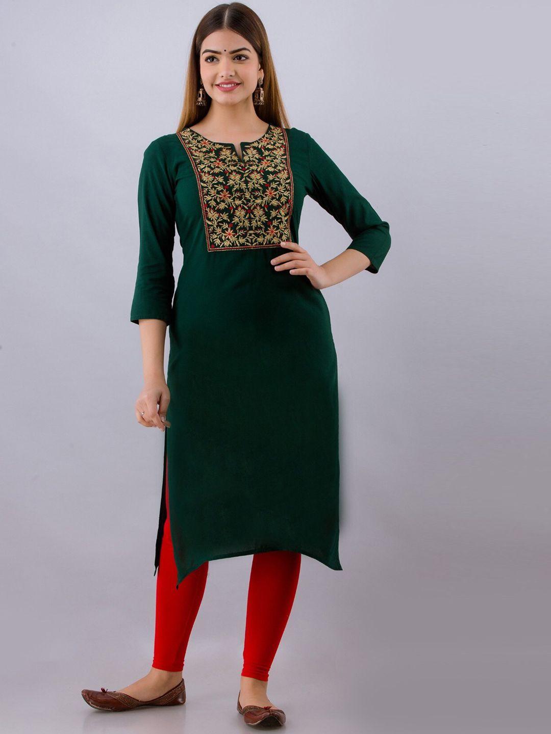 women touch floral embroidered notched neck straight kurta