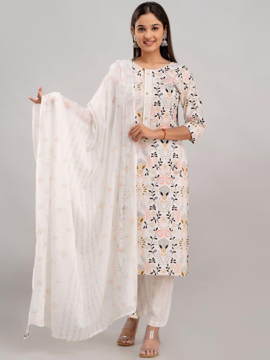 women touch floral printed regular pure cotton straight kurta & trousers with dupatta