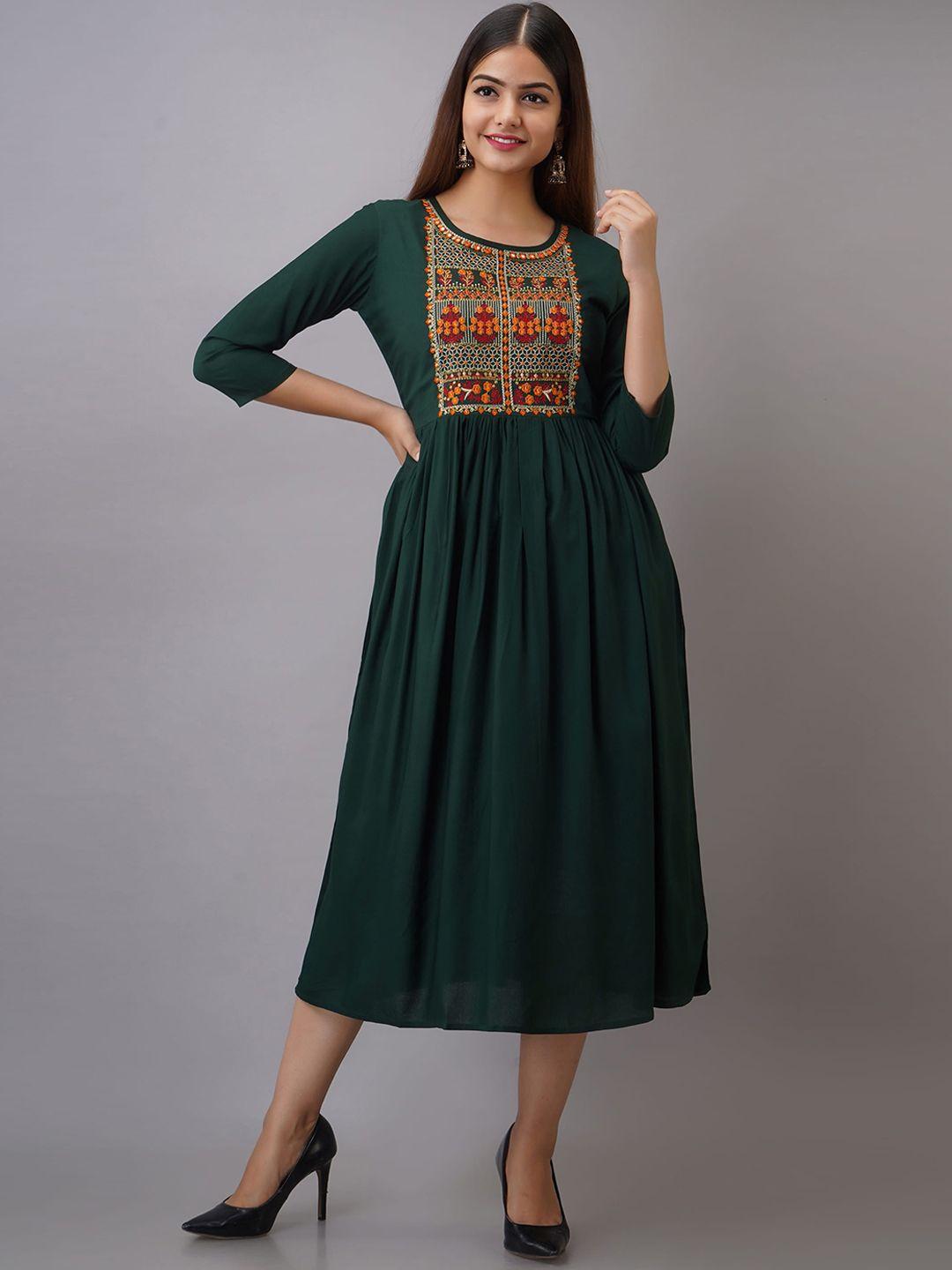 women touch green embroidered midi dress