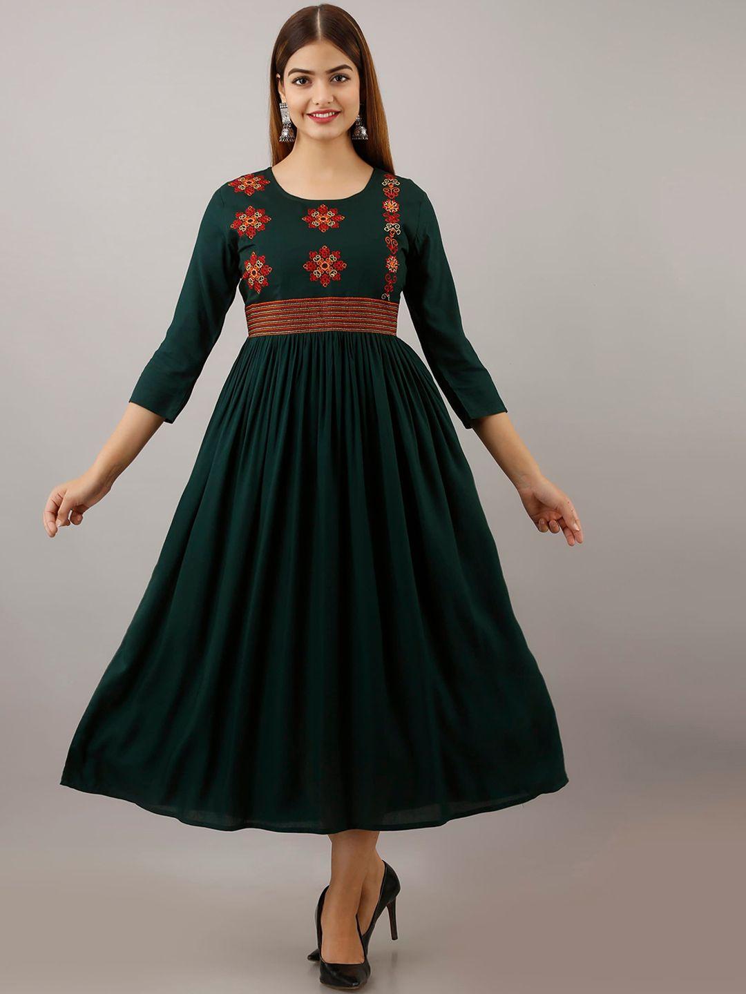 women touch green ethnic motifs embroidered ethnic midi dress