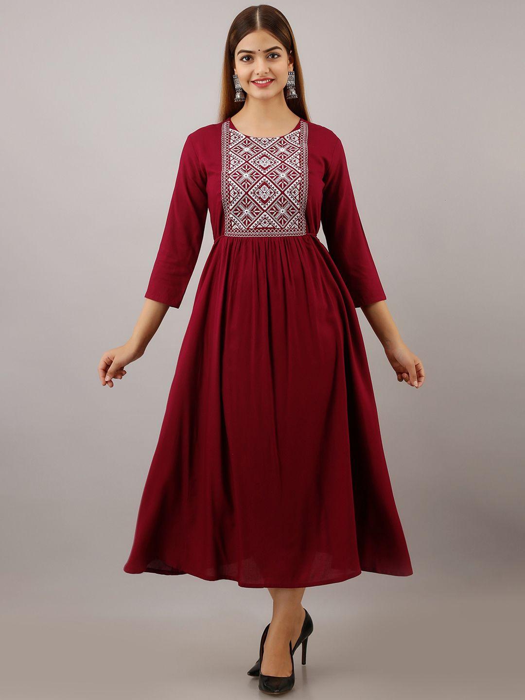 women touch maroon & white floral embroidered ethnic midi fit & flared dress