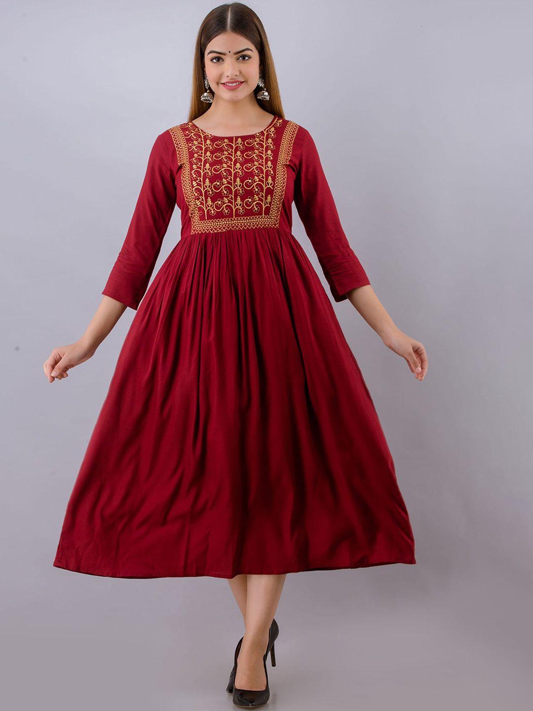 women touch maroon ethnic motifs embroidered ethnic midi fit & flare dress
