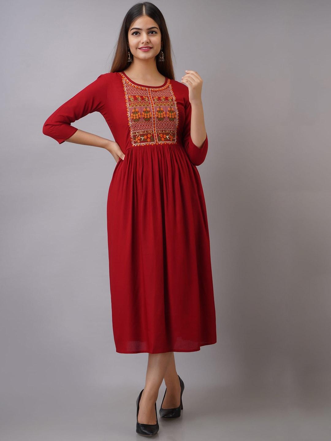 women touch maroon floral embroidered ethnic dress