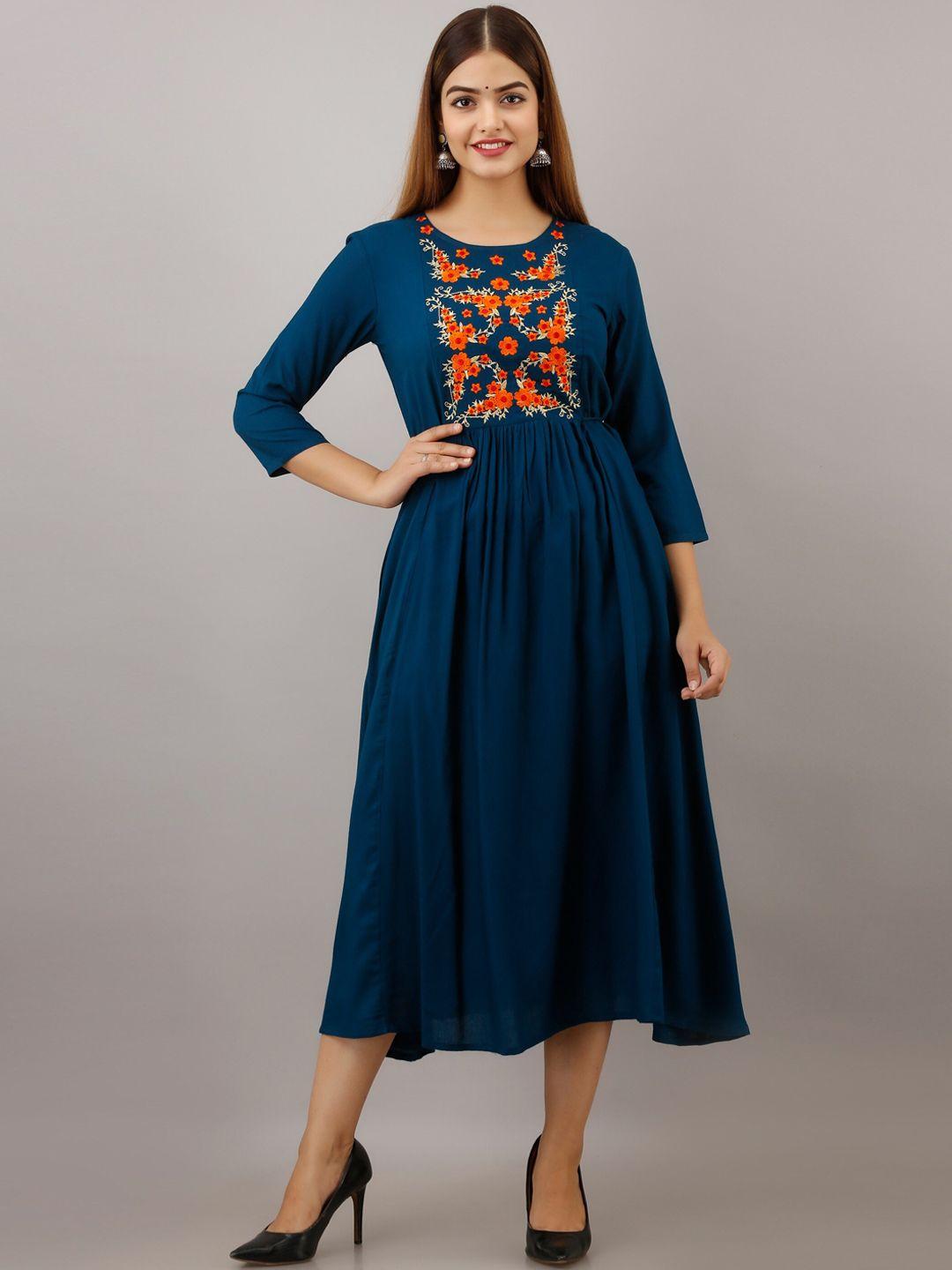 women touch navy blue & orange floral embroidered ethnic midi dress