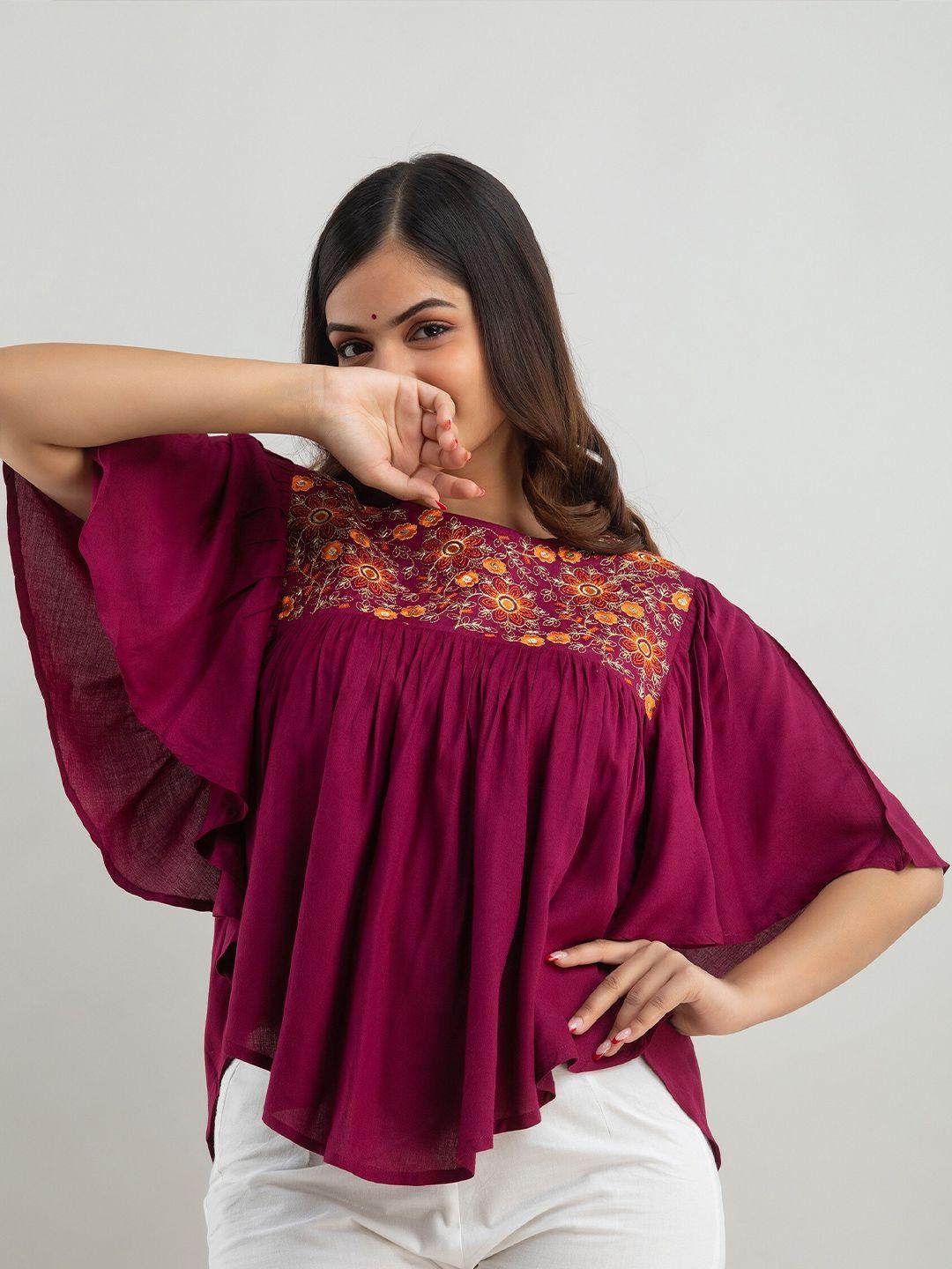 women touch purple floral embroidered cape top