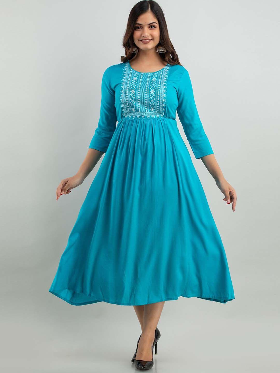 women touch turquoise blue ethnic solid embroided midi dress