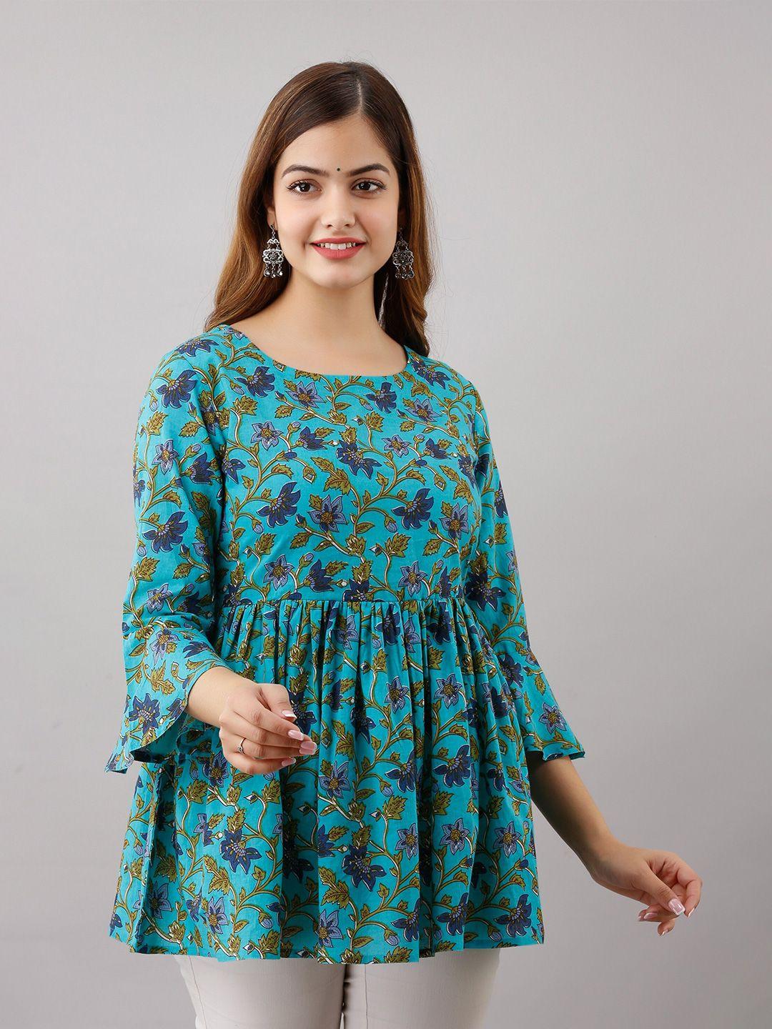 women touch turquoise blue floral print empire top