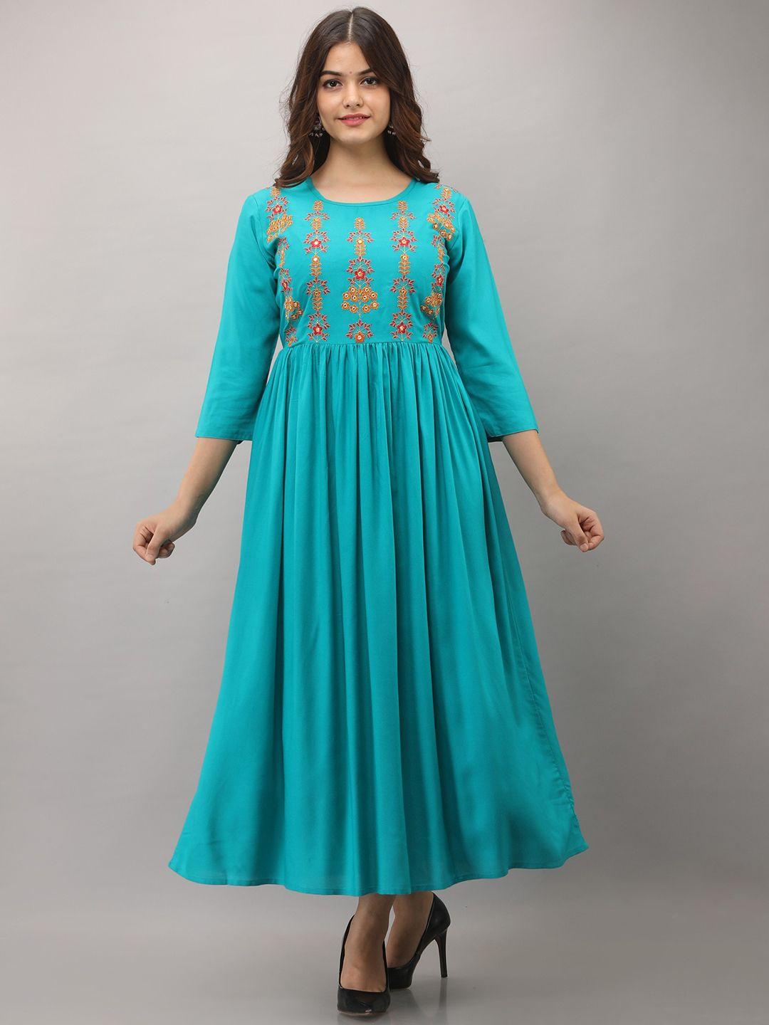 women touch turquoise blue solid embroided ethnic midi dress