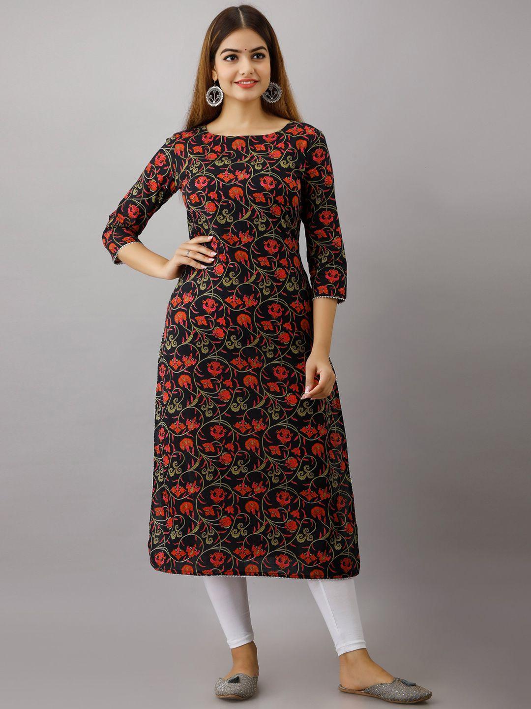 women touch women black & red floral printed floral pure cotton straight kurta