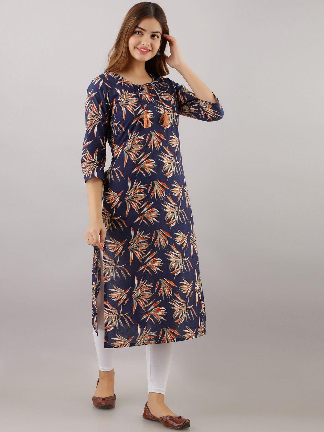 women touch women blue & orange floral printed keyhole neck kurta