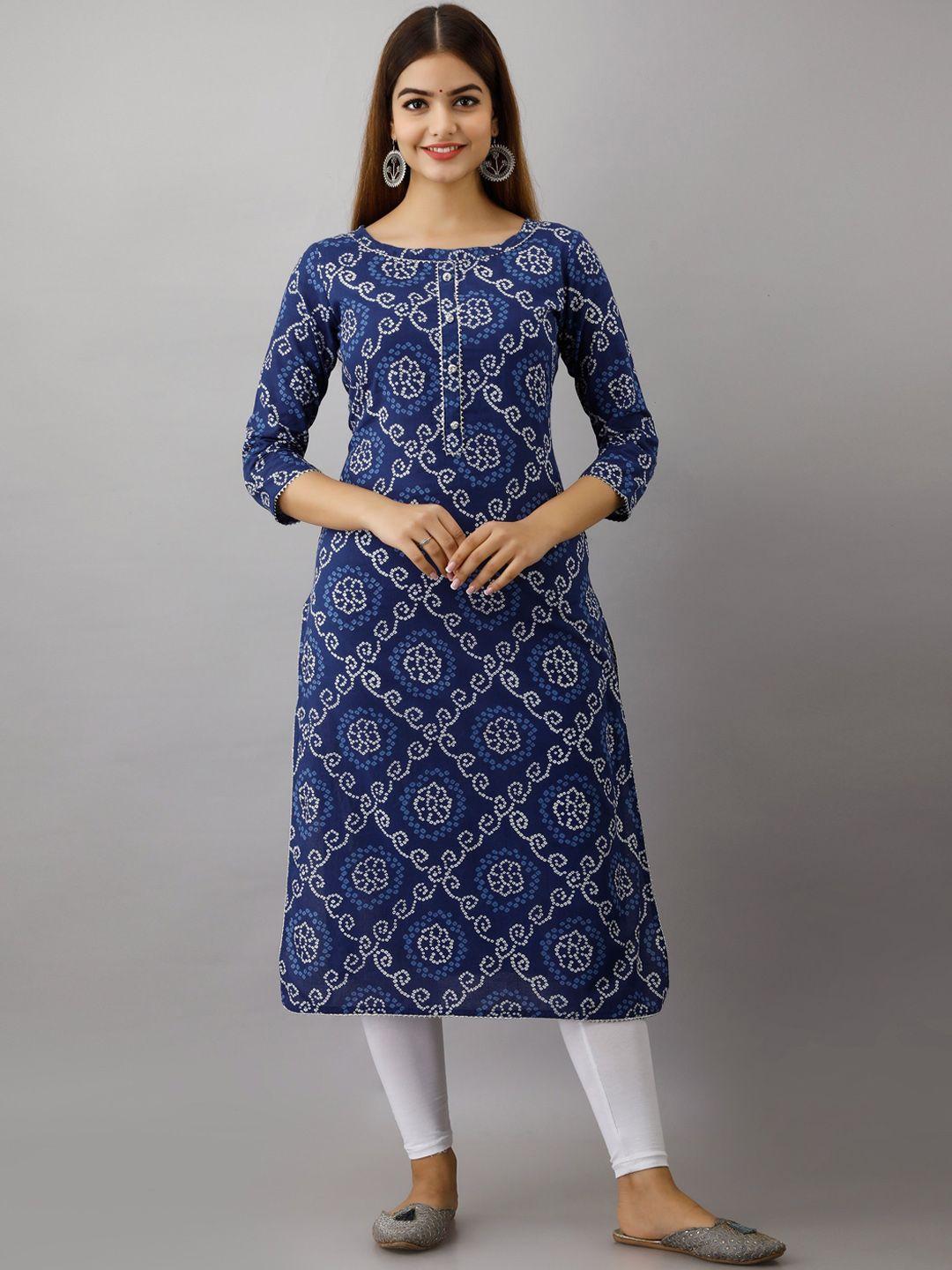 women touch women blue & white bandhani print pure cotton straight kurta