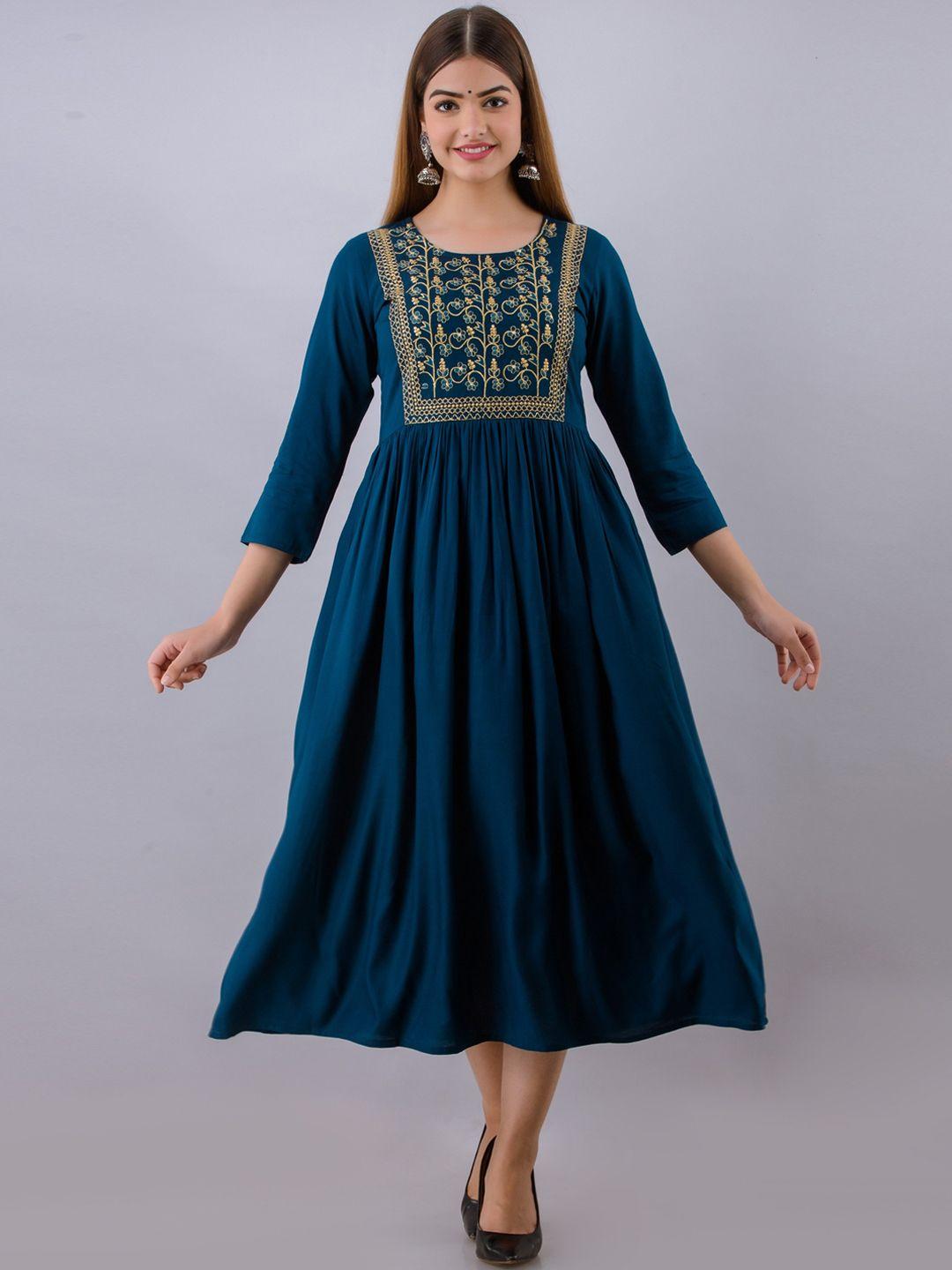 women touch women blue ethnic motifs embroidered fit & flare dress