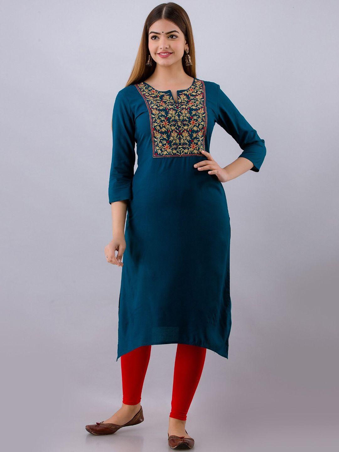 women touch women blue floral yoke design thread work handloom kurta