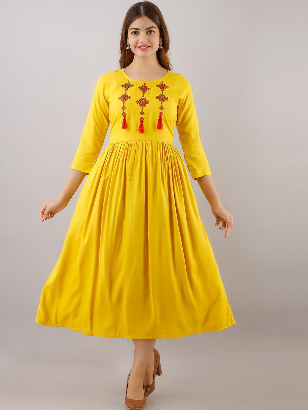 women touch women yellow embroidered fit & flare dress