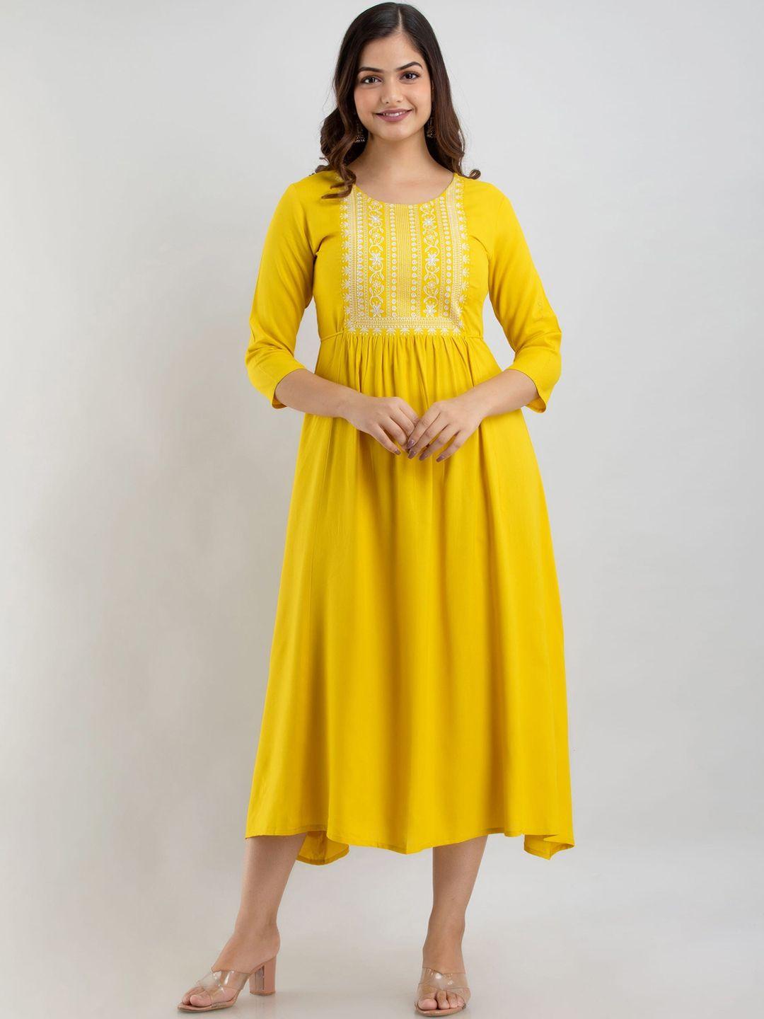 women touch yellow embroidered midi dress