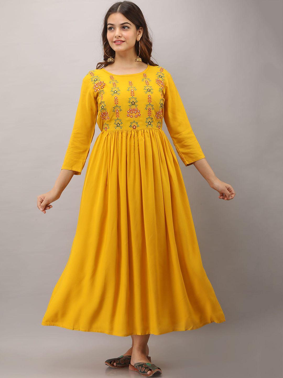 women touch yellow ethnic motifs embroidered ethnic a-line maxi dress
