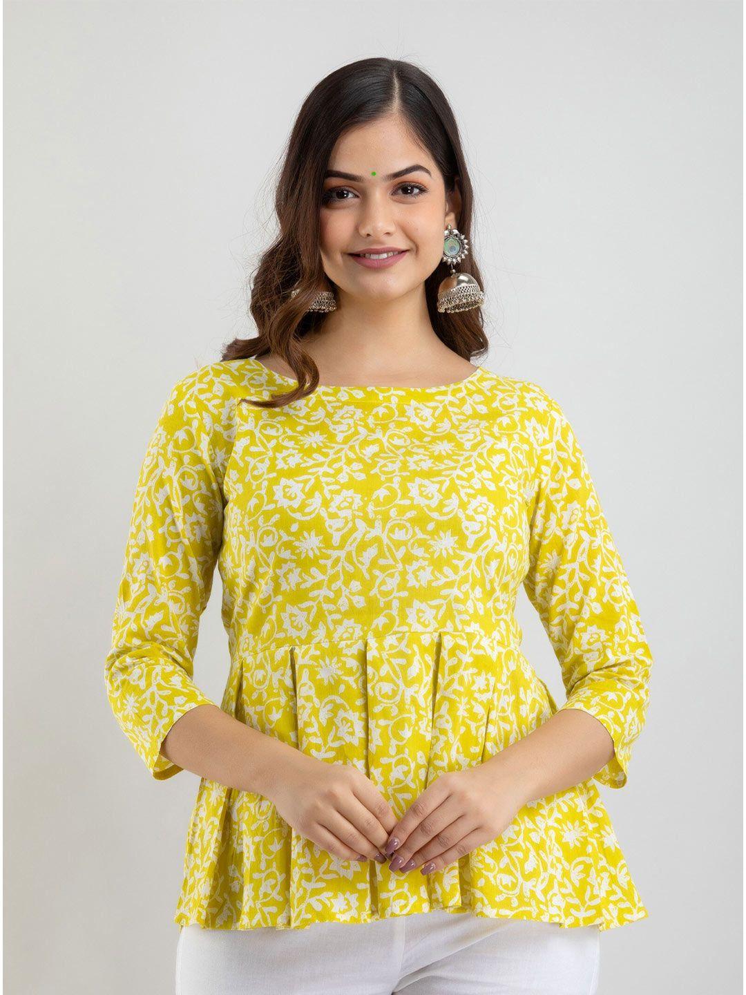 women touch yellow ethnic print peplum pure cotton top