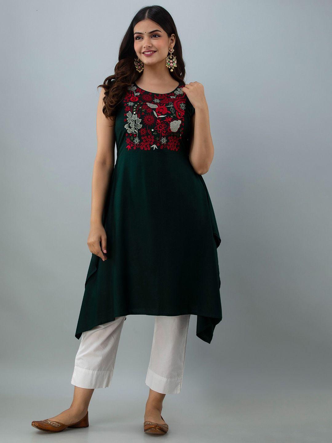 women touch yoke design thread work asymmetric kurta