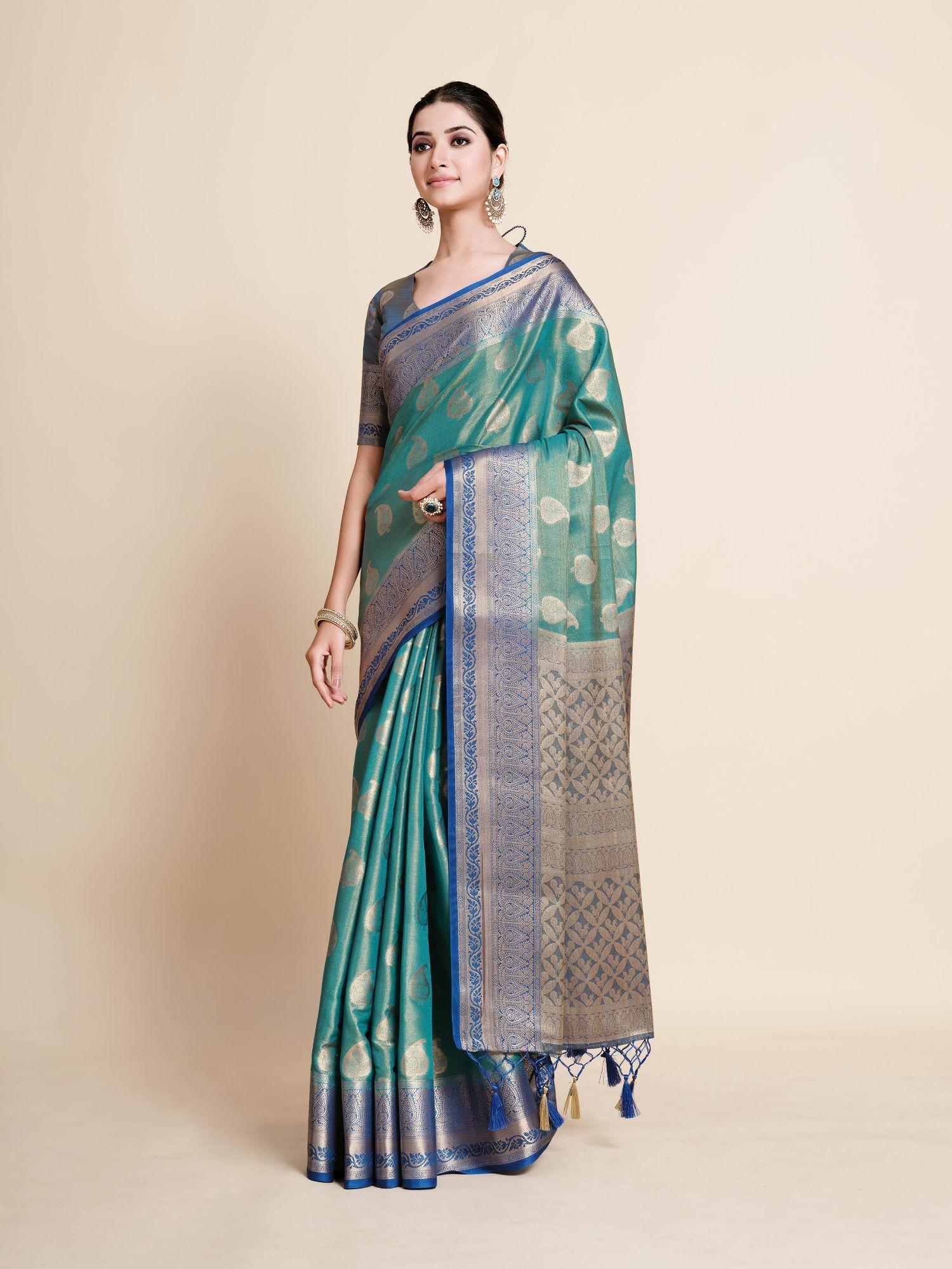 women traditional kanjivaram art silk turquoise saree with unstitched blouse
