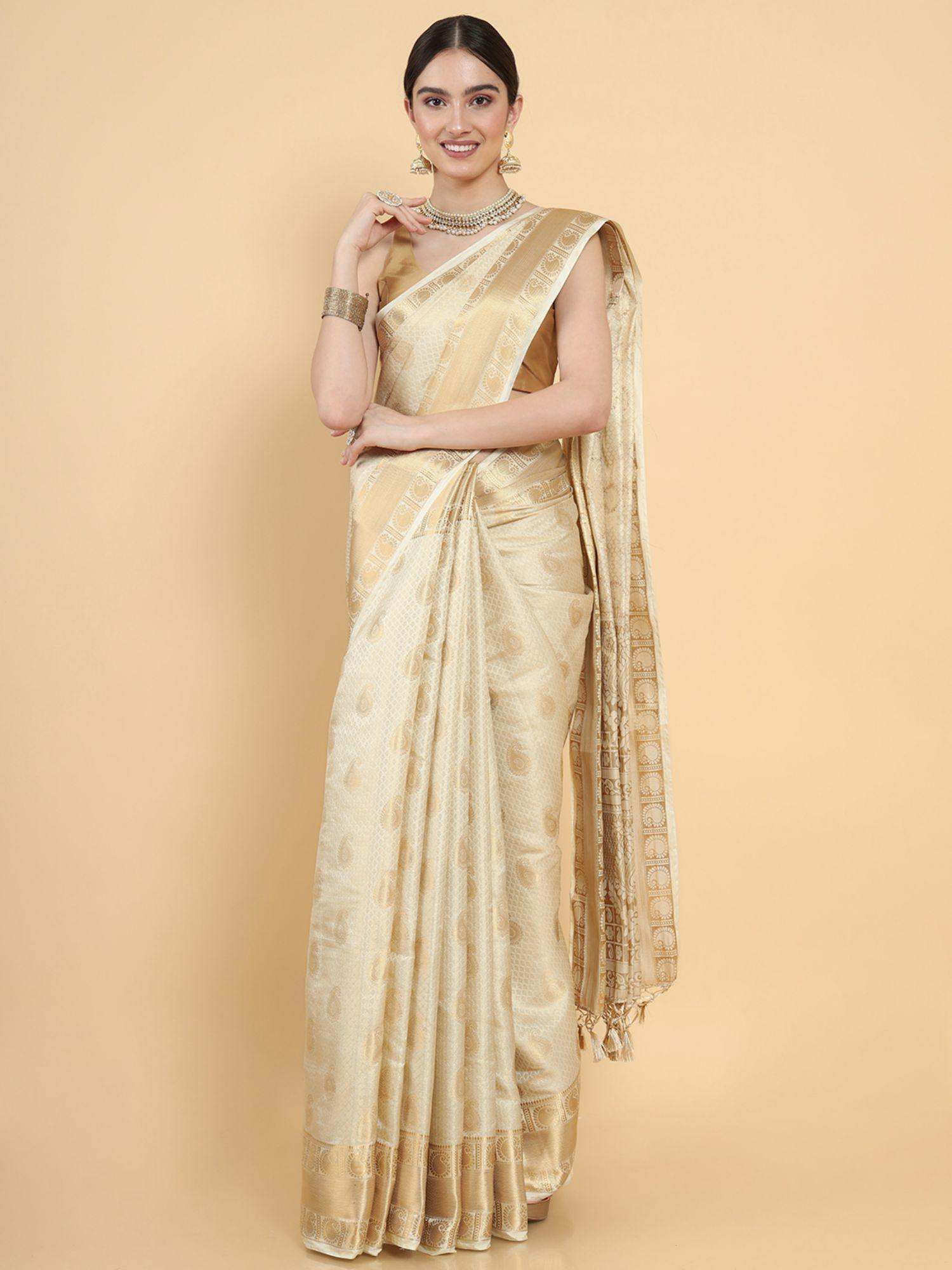 women traditional kasavu art silk beige saree with unstitched blouse